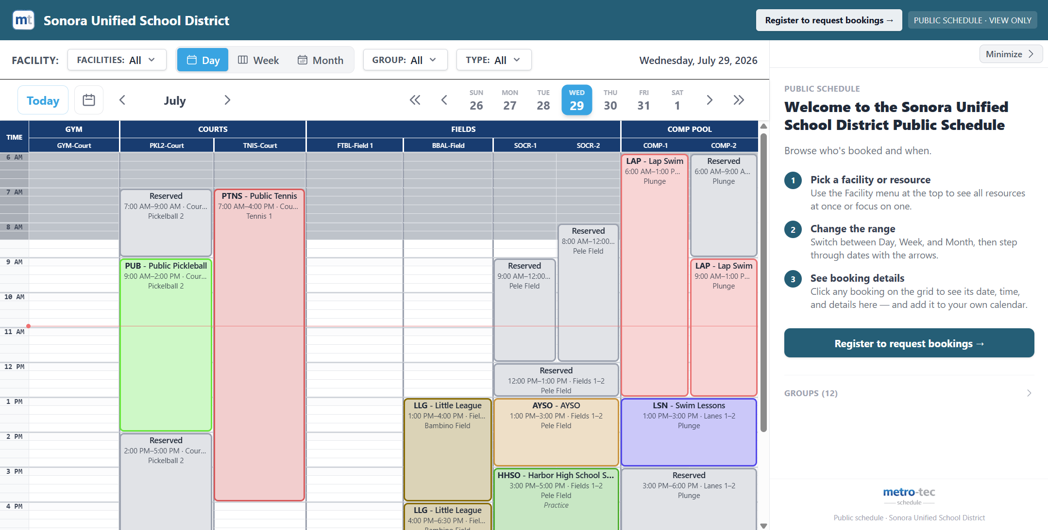 Public no-login facility schedule