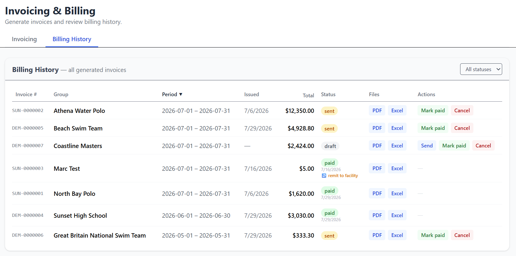 Billing history showing paid, sent, and processing invoices