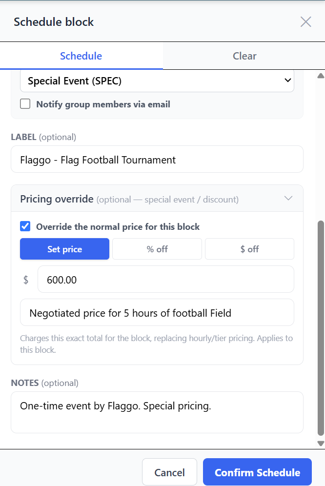 Per-block pricing override with flat price and discount options