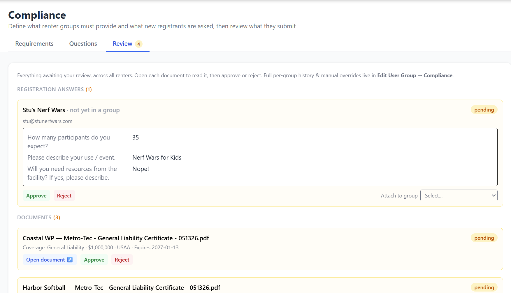 Compliance review queue with documents and questionnaire answers awaiting approval